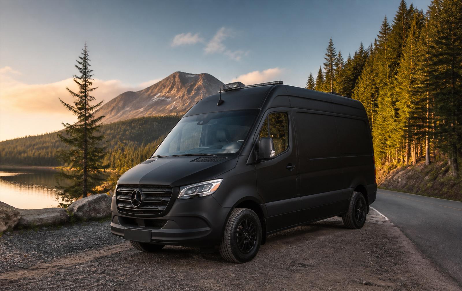 Nexen matte black mobile detailing van on an Oregon road